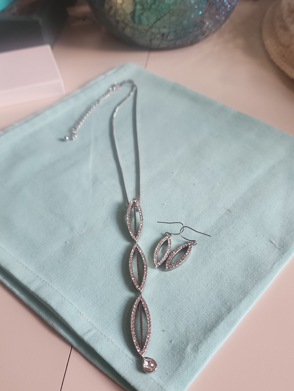 Silver Rhinestone Marquise Drop Necklace and Earring Set